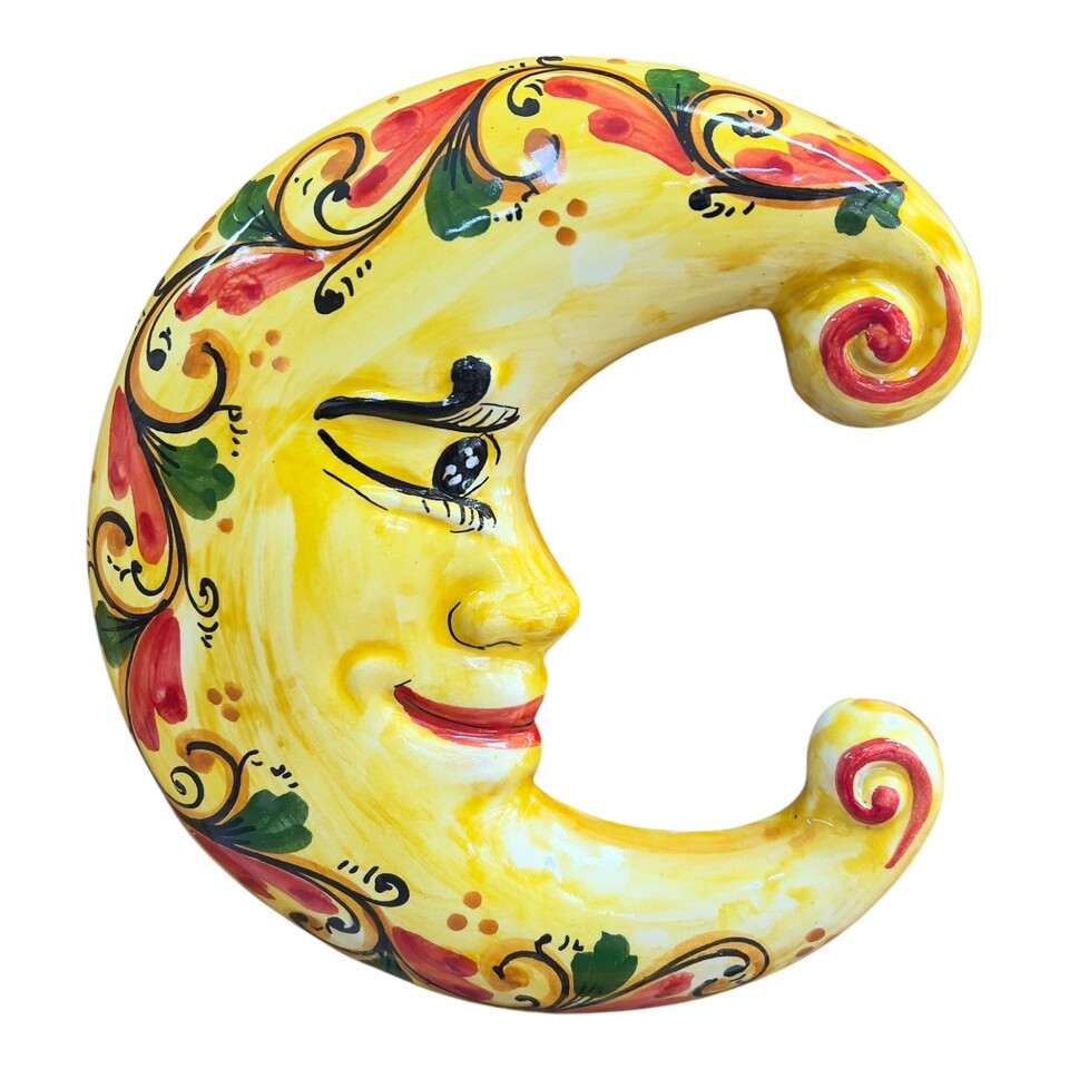 Luna da parete in ceramica siciliana decoro seicento rosso fondo giallo Produzione artigianale di Santo Stefano di Camastra Lunghezza 25cm