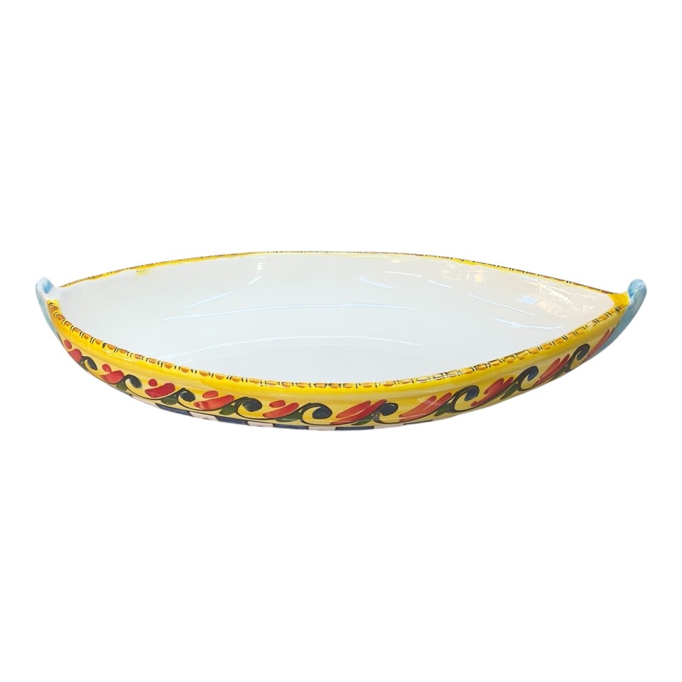 Piatto centrotavola forma barca in ceramica sicilia decoro carretto siciliano Produzione artigianale di Santo Stefano di Camastra Lunghezza 37cm