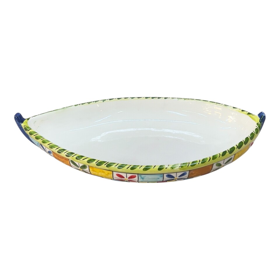 Piatto centrotavola forma barca in ceramica sicilia decoro carretto siciliano Produzione artigianale di Santo Stefano di Camastra Lunghezza 37cm