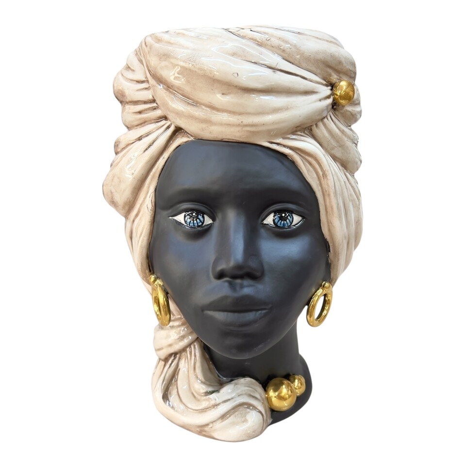 Teste di Moro Anubi con turbante in ceramica siciliana decoro fumé dettagli in oro Produzione artigianale di Caltagirone h.30cm