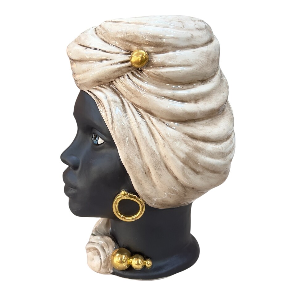 Teste di Moro Anubi con turbante in ceramica siciliana decoro fumé dettagli in oro Produzione artigianale di Caltagirone h.30cm
