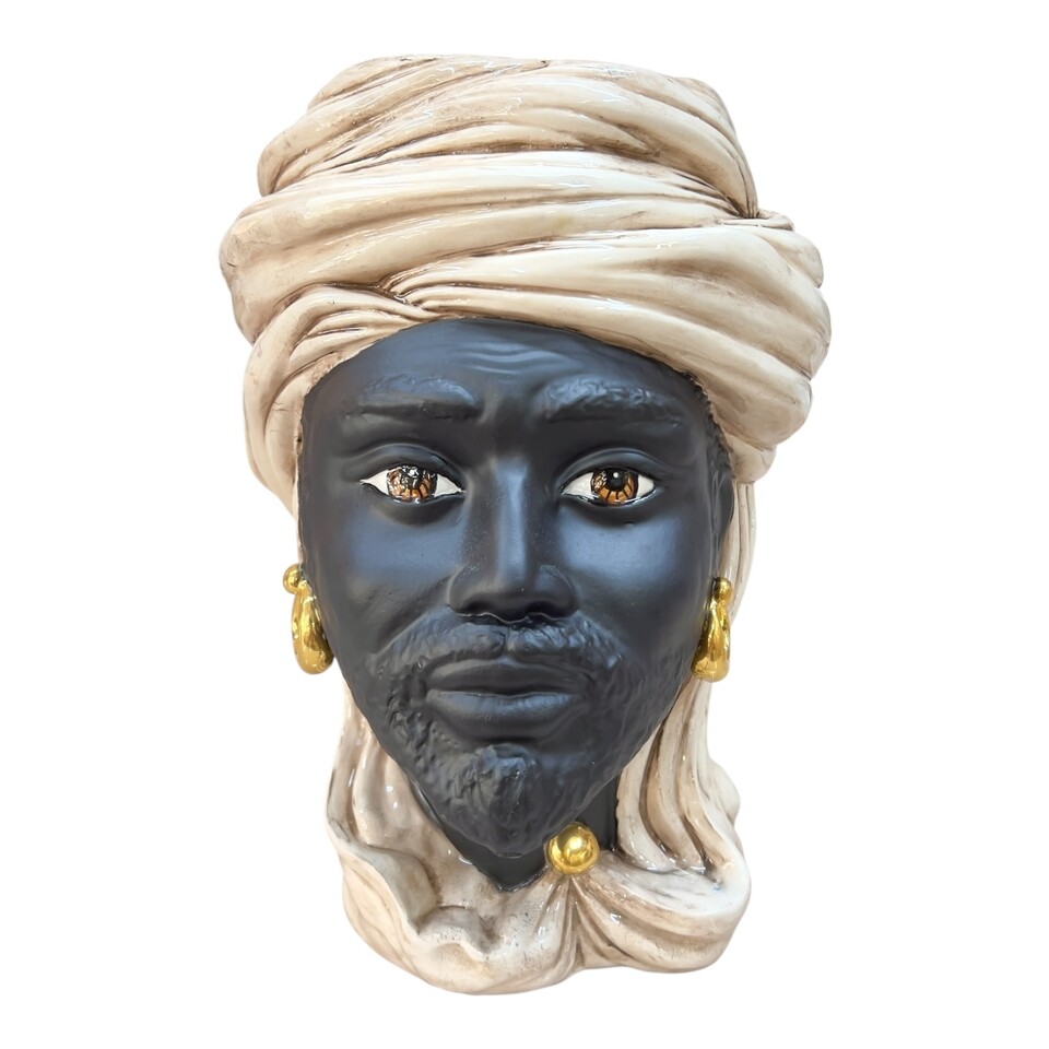 Teste di Moro Anubi con turbante in ceramica siciliana decoro fumé dettagli in oro Produzione artigianale di Caltagirone h.30cm
