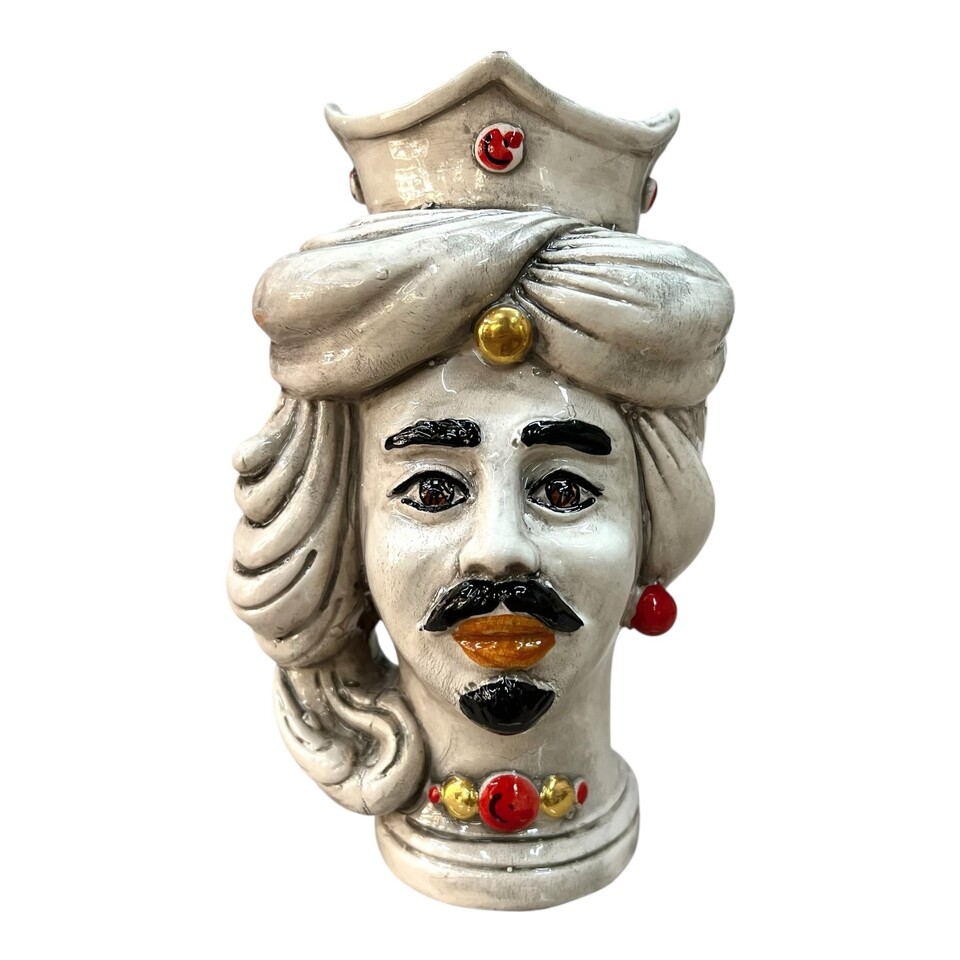 Coppia Teste di Moro Dafne in ceramica siciliana decoro fumé con dettagli in oro Produzione artigianale di Caltagirone h.20cm