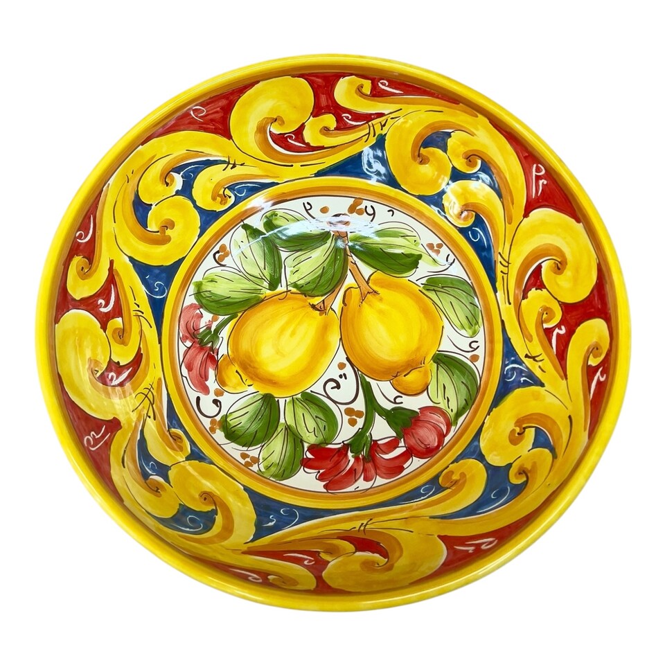 Ciotola centrotavola in ceramica siciliana decoro ornato giallo con limoni Produzione artigianale di Santo Stefano di Camastra Diametro 30cm