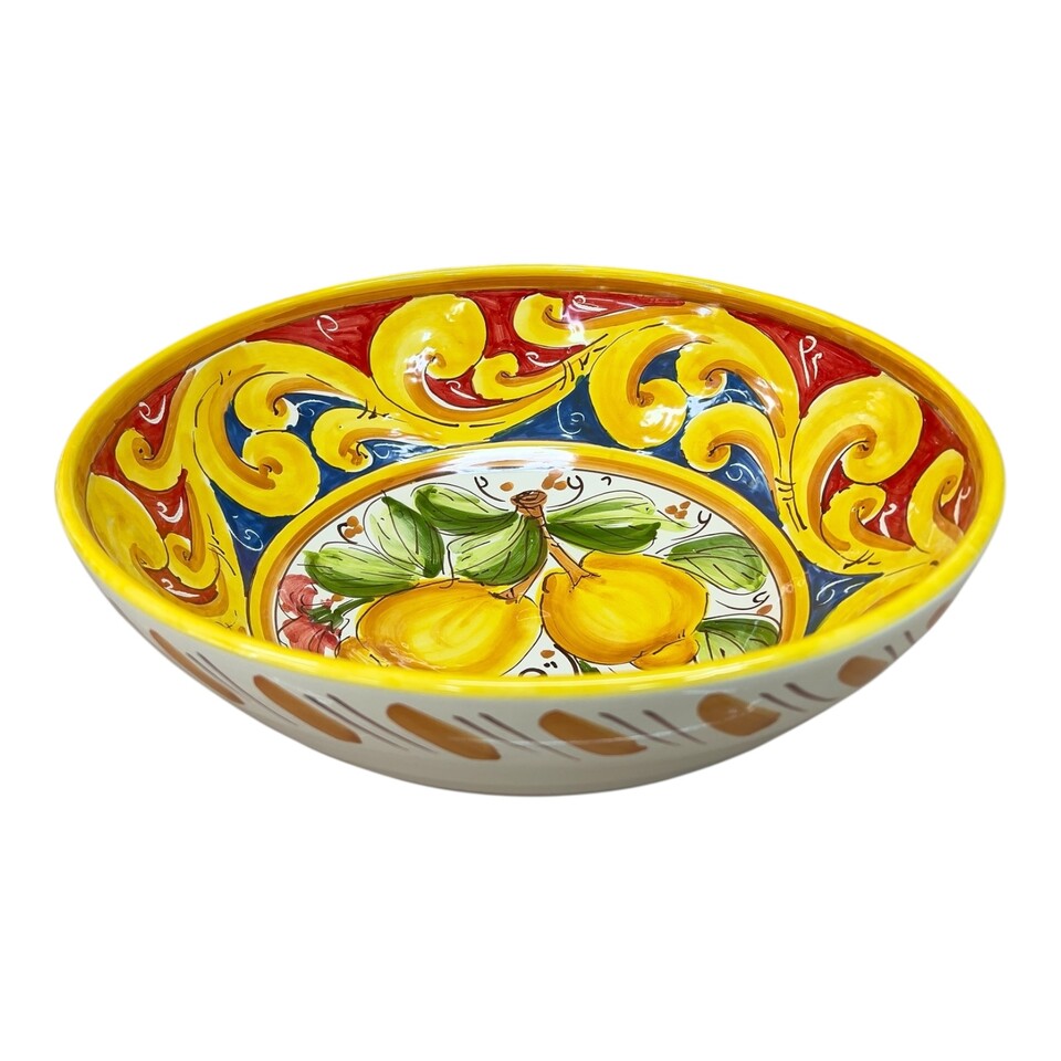 Ciotola centrotavola in ceramica siciliana decoro ornato giallo con limoni Produzione artigianale di Santo Stefano di Camastra Diametro 30cm
