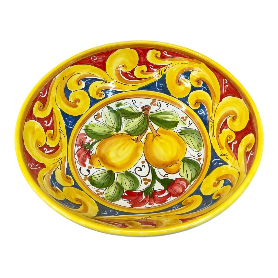 Ciotola centrotavola in ceramica siciliana decoro ornato giallo con limoni Produzione artigianale di Santo Stefano di Camastra Diametro 30cm