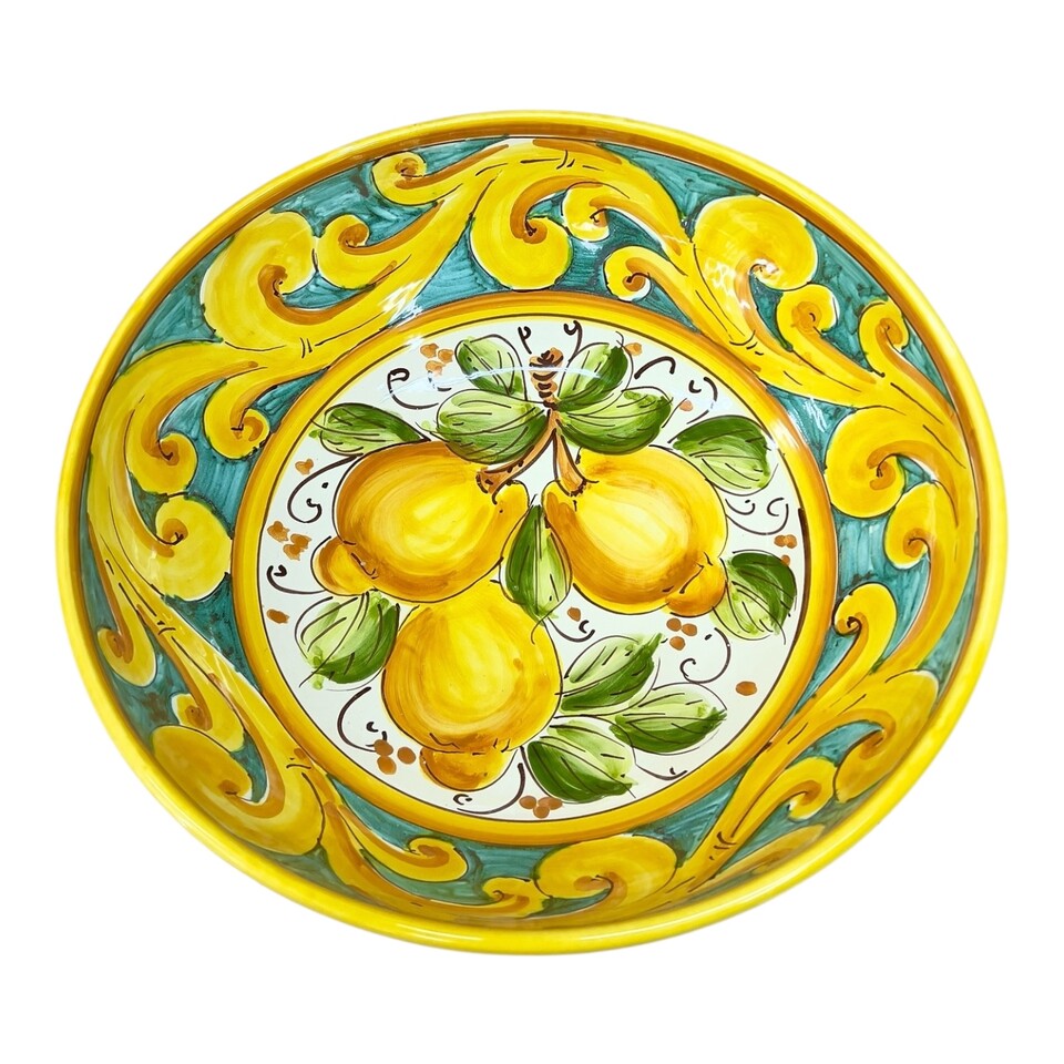 Ciotola centrotavola in ceramica siciliana decoro ornato giallo fondo verde con limoni Produzione artigianale di Santo Stefano di Camastra Diametro 30cm