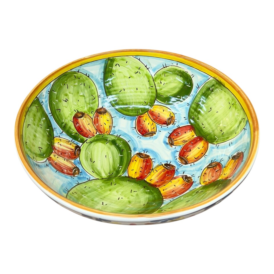 Ciotola centrotavola in ceramica siciliana decoro con fichi d’india fondo celeste Produzione artigianale di Santo Stefano di Camastra Diametro 30cm