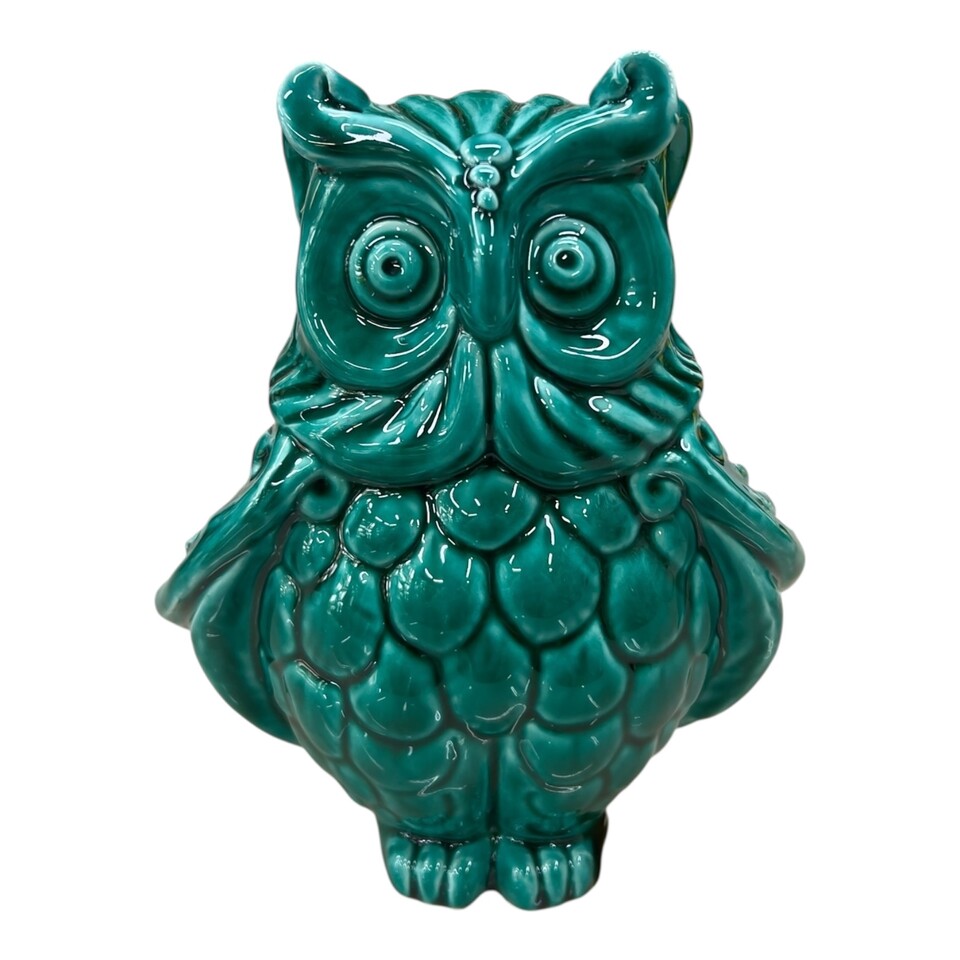 Civetta ornamentale in ceramica siciliana decoro verde ramina monocolore Produzione artigianale di Caltagirone h.15cm