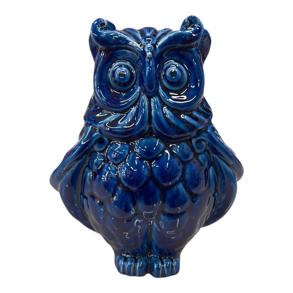 Civetta ornamentale in ceramica siciliana decoro blu antico monocolore Produzione artigianale di Caltagirone h.15cm