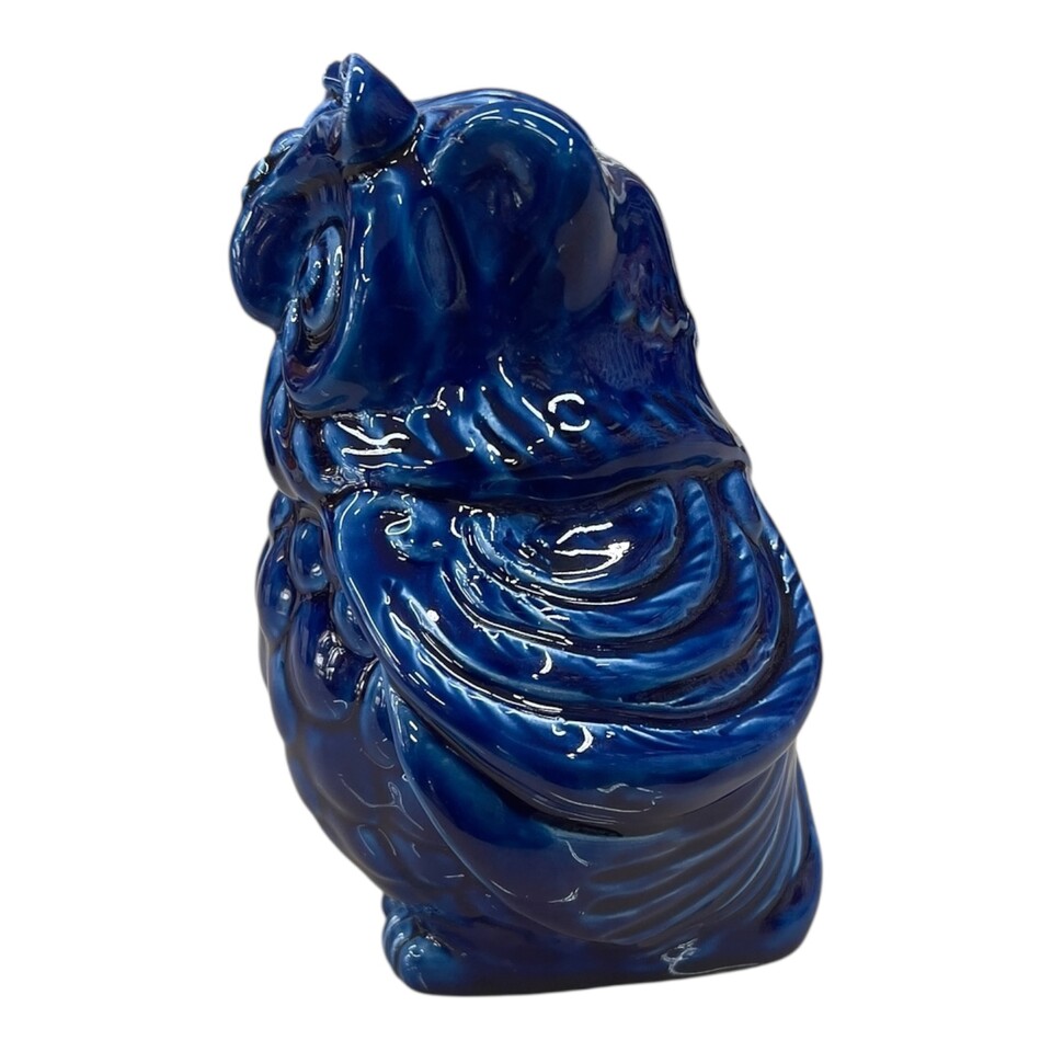 Civetta ornamentale in ceramica siciliana decoro blu antico monocolore Produzione artigianale di Caltagirone h.15cm