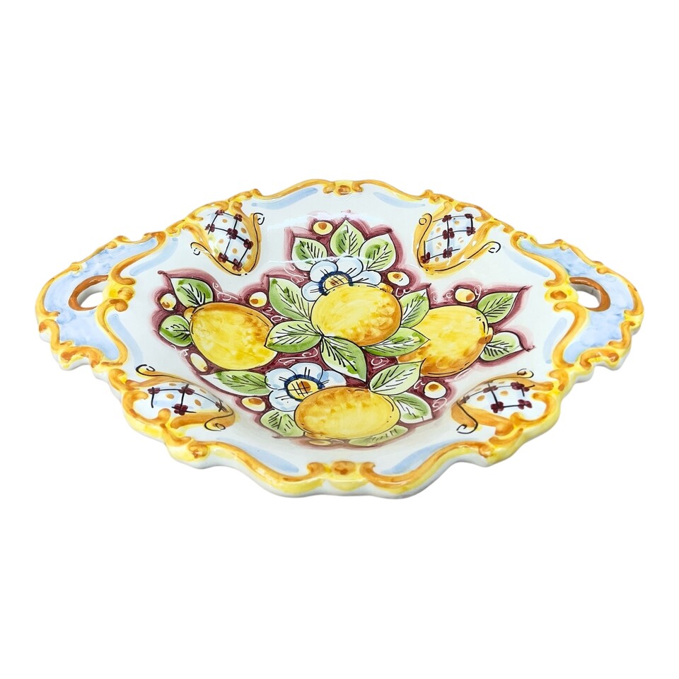 Centrotavola barocco con manici in ceramica siciliana decoro bordeaux con limoni Produzione artigianale di Caltagirone Lunghezza 37cm
