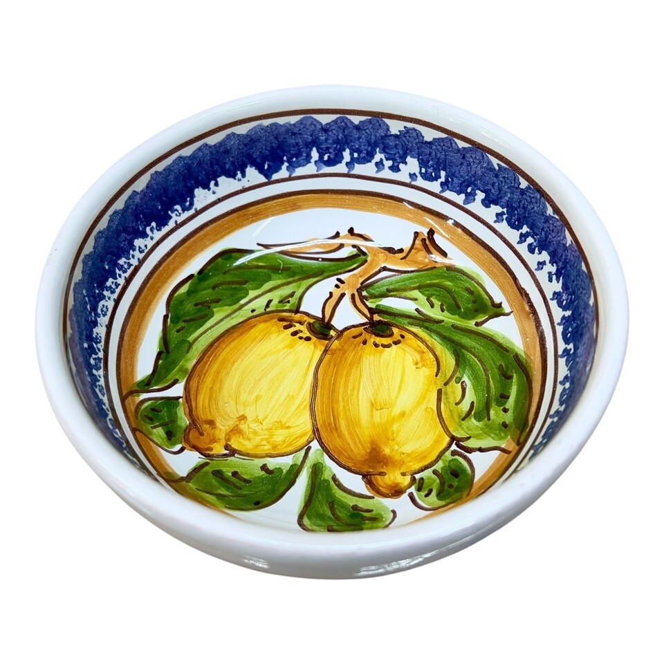 Ciotolina antipastiera in ceramica siciliana decoro spugnato con limoni Produzione artigianale di Santo Stefano di Camastra Diametro 12cm