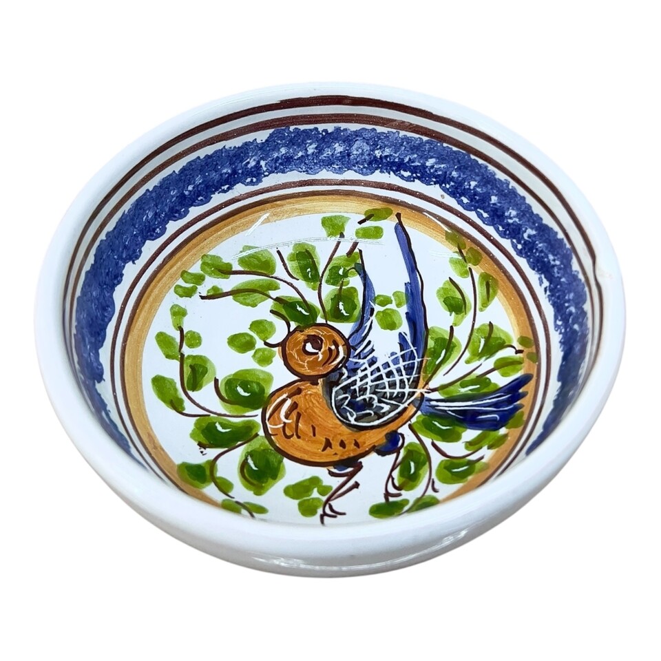 Ciotolina antipastiera in ceramica siciliana decoro spugnato con uccellino Produzione artigianale di Santo Stefano di Camastra Diametro 12cm