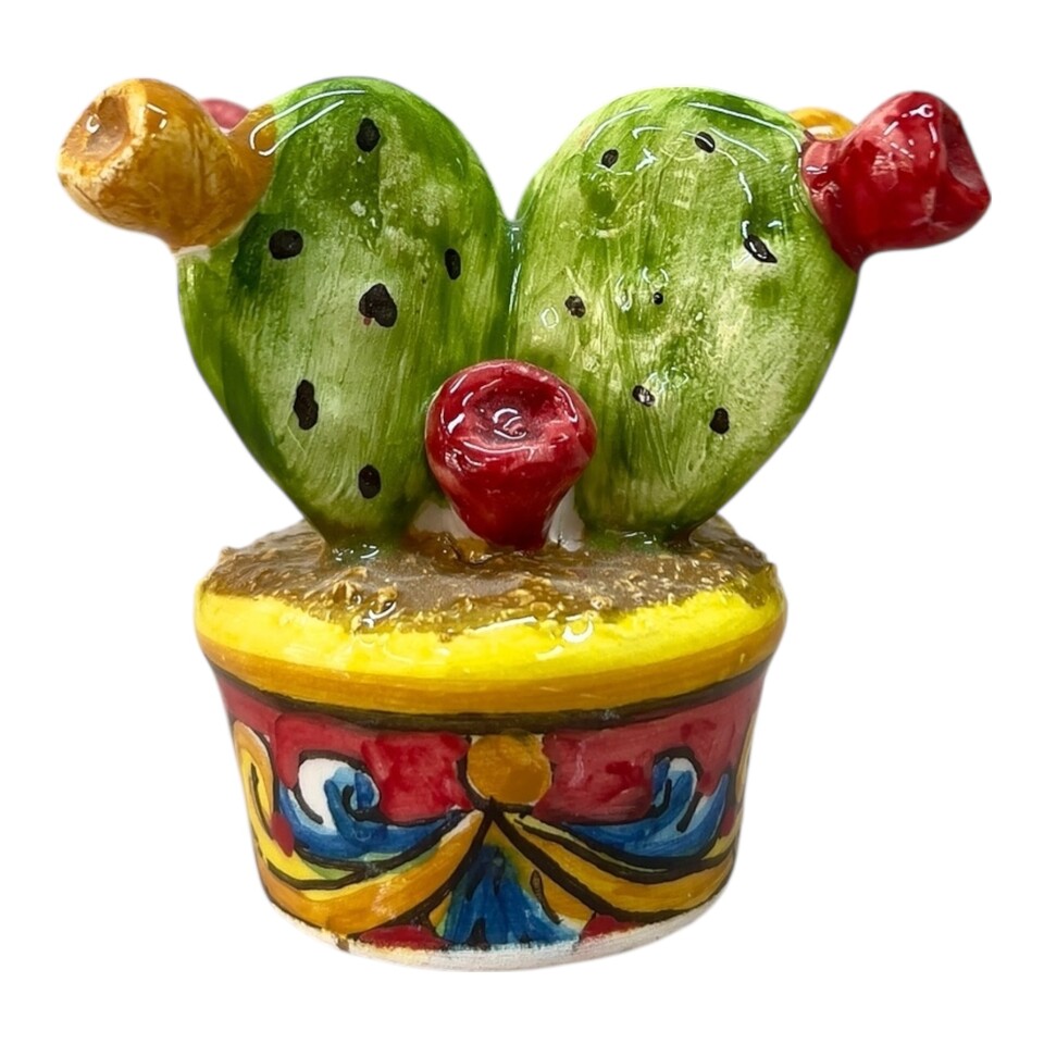 Piantina fico d’india in ceramica siciliana con vaso decorato rosso Produzione artigianale di Caltagirone h.6cm
