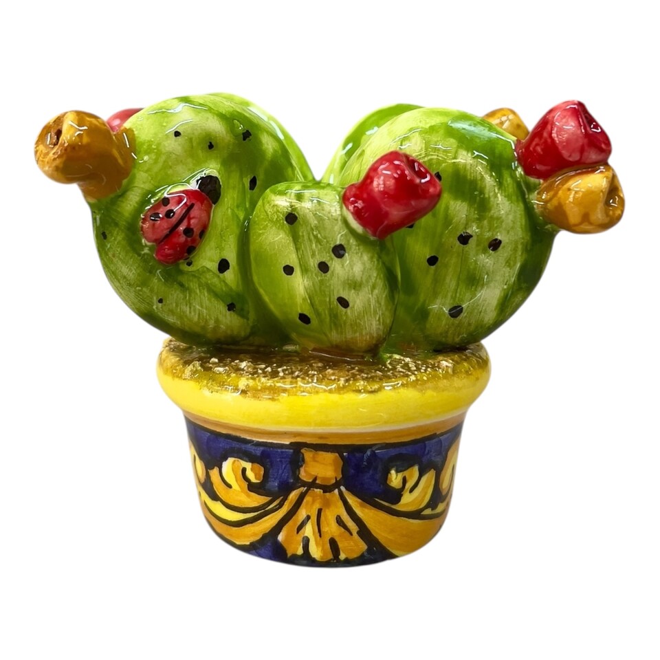 Piantina fico d’india in ceramica siciliana con vaso decorato blu Produzione artigianale di Caltagirone h.8cm