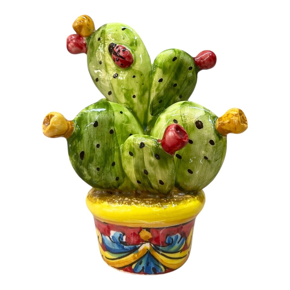Piantina fico d’india in ceramica siciliana con vaso decorato rosso Produzione artigianale di Caltagirone h.12cm