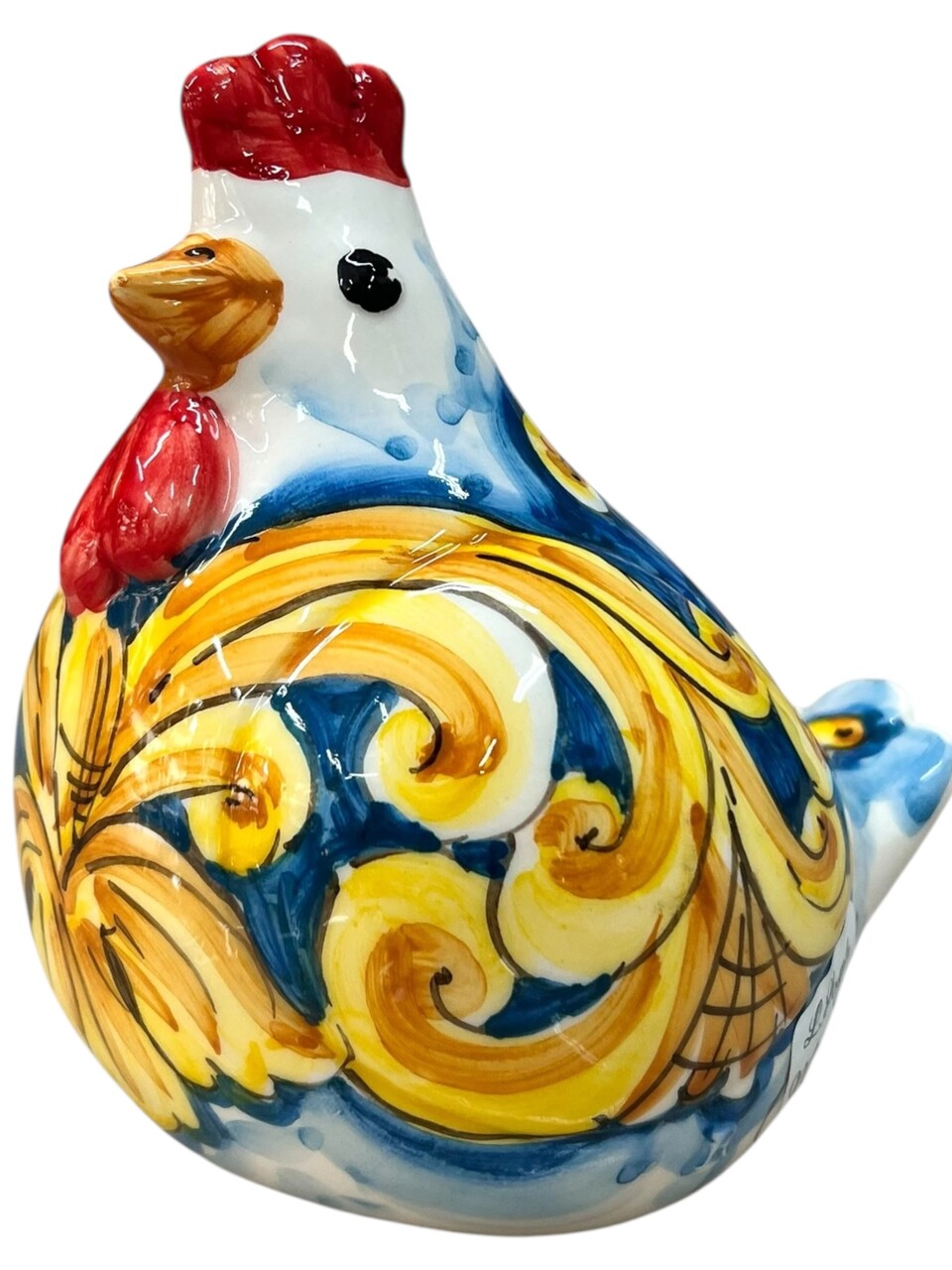 Gallina ornamentale in ceramica siciliana decoro barocco giallo fondo blu Produzione artigianale di Santo Stefano di Camastra h.16