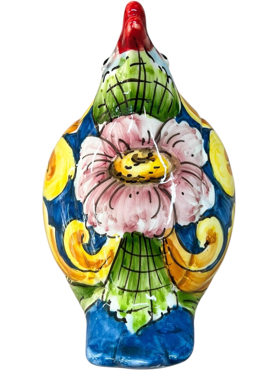 Gallina ornamentale in ceramica siciliana decoro floreale fondo blu Produzione artigianale di Santo Stefano di Camastra h.16