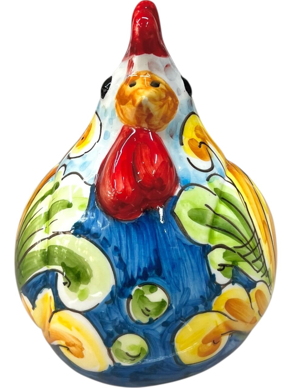 Gallina ornamentale in ceramica siciliana decoro floreale fondo blu Produzione artigianale di Santo Stefano di Camastra h.16