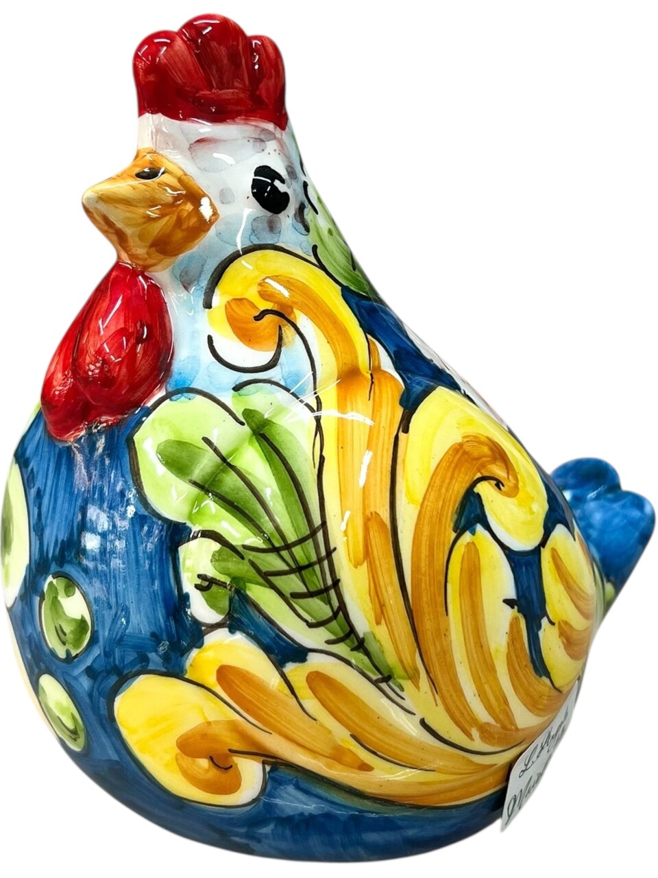 Gallina ornamentale in ceramica siciliana decoro floreale fondo blu Produzione artigianale di Santo Stefano di Camastra h.16