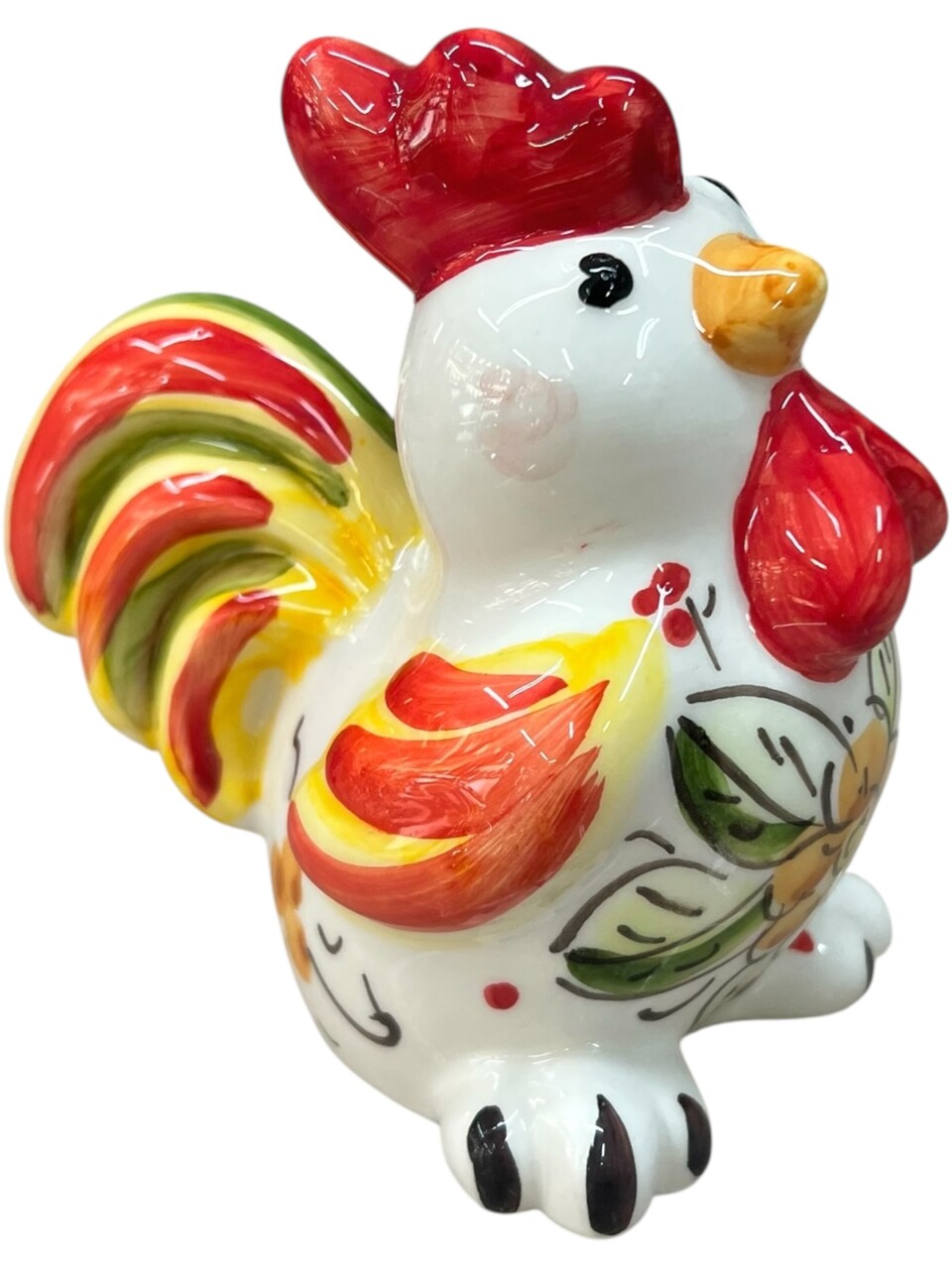 Galletto ornamentale in ceramica siciliana decoro floreale Produzione artigianale di Santo Stefano di Camastra h.13cm