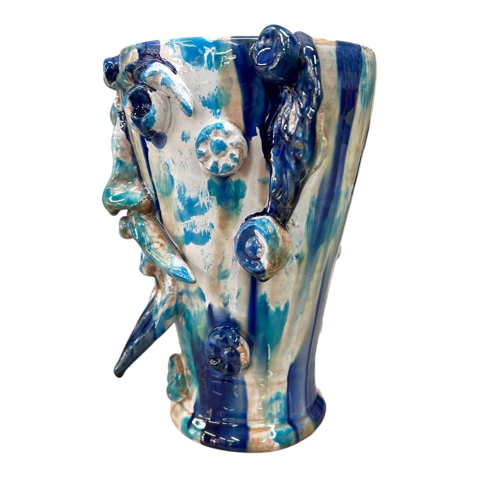 Testa di moro collezione I Miti vaso Sikano decoro blu, bianco e azzurro Produzione artigianale di Santo Stefano di Camastra h.22cm