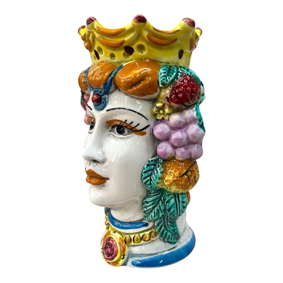 Teste di moro con frutta e corona decorate modello classico Produzione artigianale di Caltagirone h.20cm