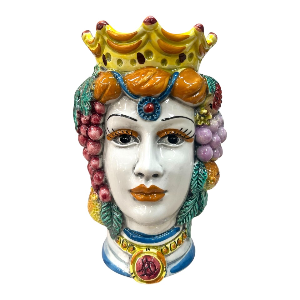 Teste di moro con frutta e corona decorate modello classico Produzione artigianale di Caltagirone h.20cm