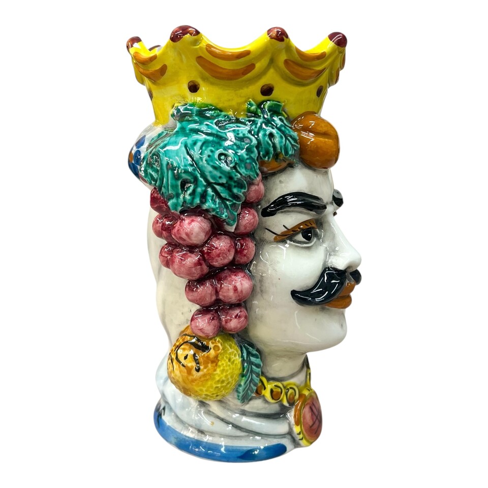 Teste di moro con frutta e corona decorate modello classico Produzione artigianale di Caltagirone h.20cm