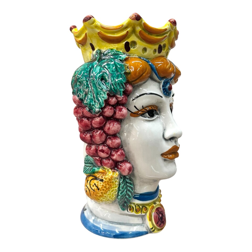 Teste di moro con frutta e corona decorate modello classico Produzione artigianale di Caltagirone h.20cm