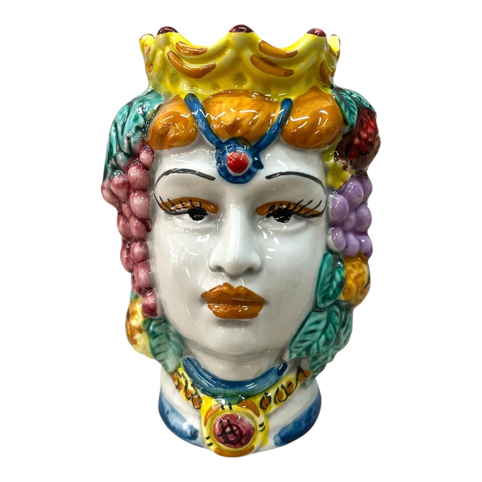 Teste di moro con frutta e corona decorate modello classico Produzione artigianale di Caltagirone h.13cm