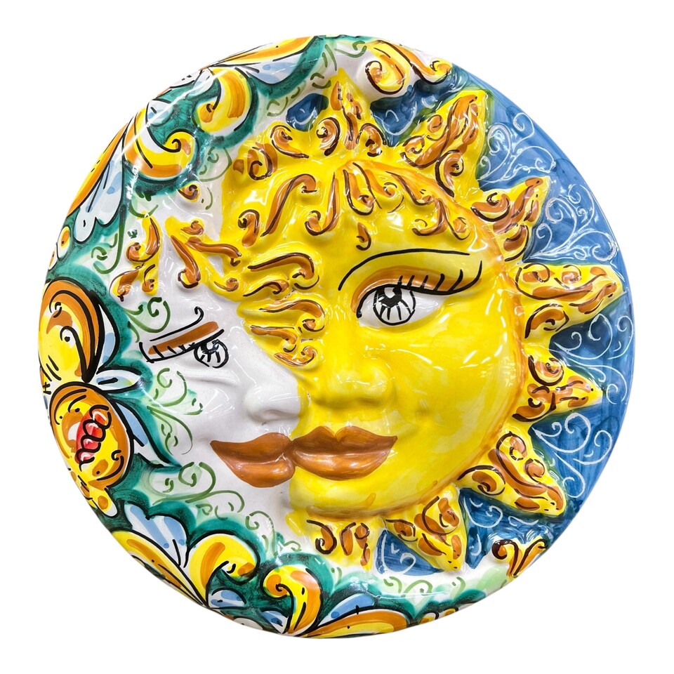 Sole e luna piatto da parete in ceramica siciliana decoro blu e verde Produzione artigianale di Caltagirone Diametro 30cm