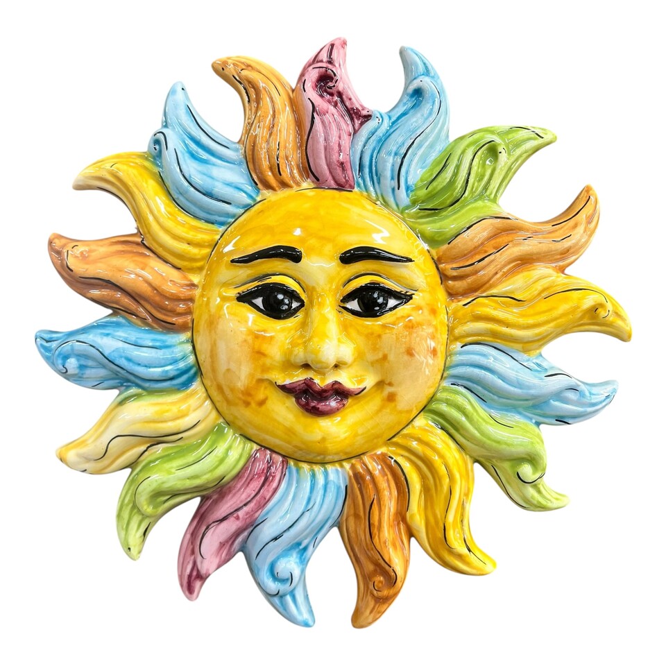 Sole da parete in ceramica siciliana decoro multicolore Produzione artigianale di Santo Stefano di Camastra lunghezza 30cm