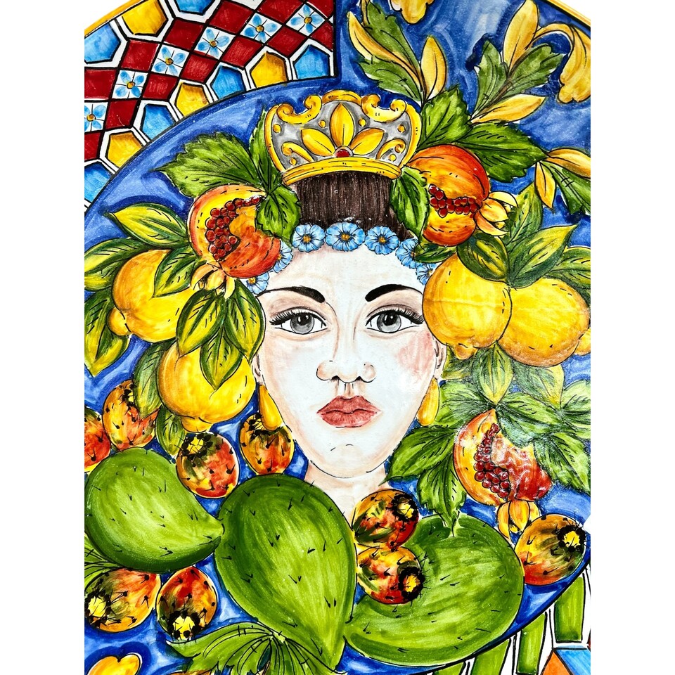 Piatto ornamentale da parete in ceramica siciliana decoro Regina con frutta siciliana Produzione artigianale di Santo Stefano di Camastra Diametro 57cm