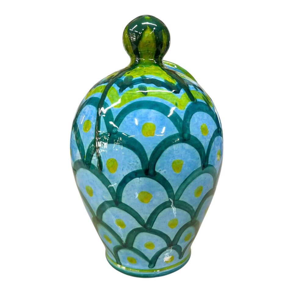 Saliera a salvadanaio in ceramica siciliana decoro kaleido verde, blu e giallo Produzione artigianale di Santo Stefano di Camastra h.20cm