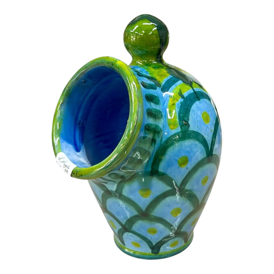 Saliera a salvadanaio in ceramica siciliana decoro kaleido verde, blu e giallo Produzione artigianale di Santo Stefano di Camastra h.20cm