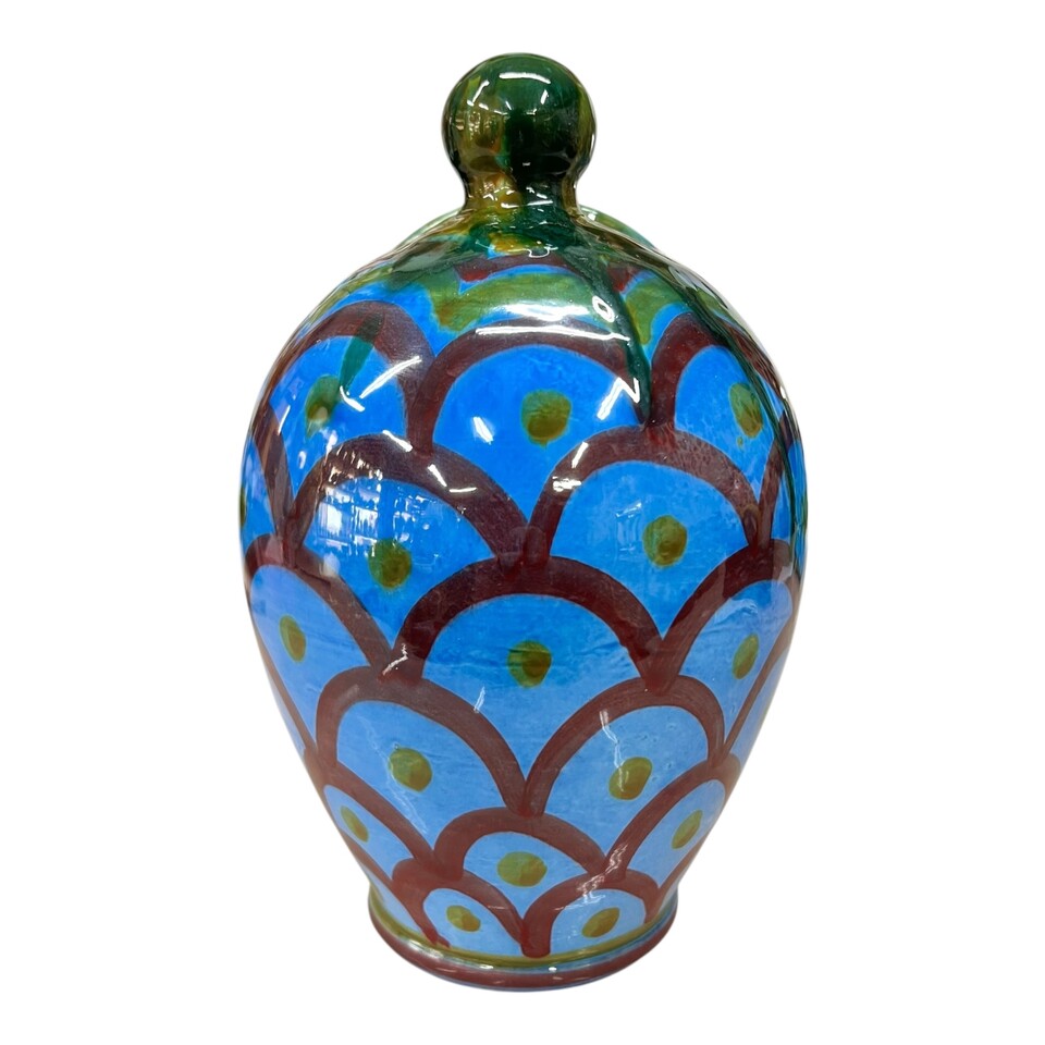 Saliera a salvadanaio in ceramica siciliana decoro Kaleido blu, verde e rosso Produzione artigianale di Santo Stefano di Camastra h.20cm