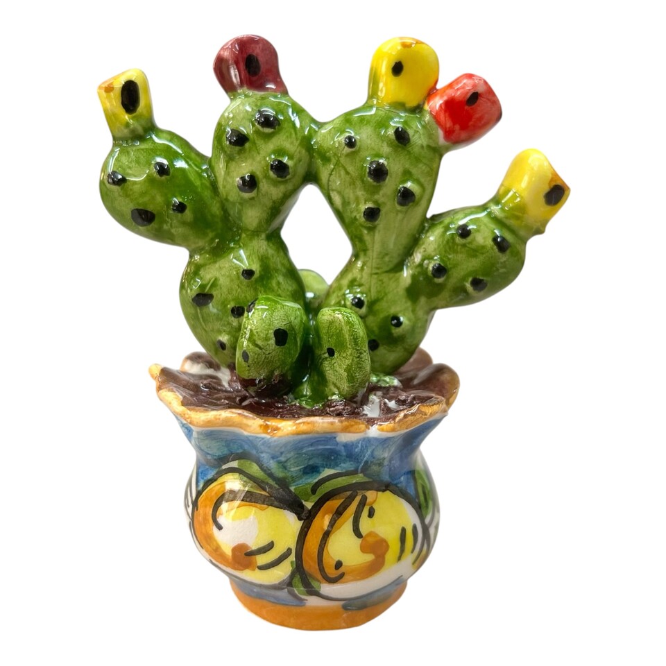 Piantina fico d’india in ceramica siciliana con vaso decorato limoni fondo blu antico Produzione artigianale di Catania h.10cm