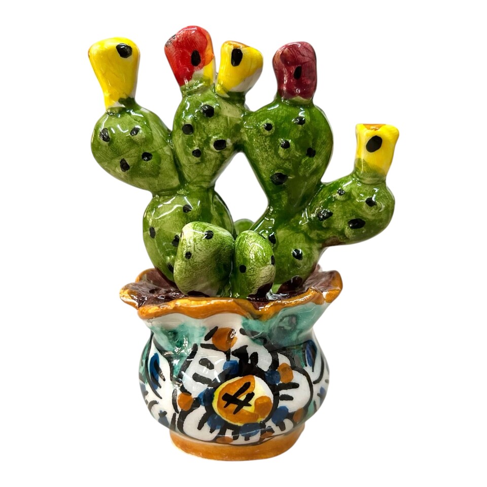 Piantina fico d’india in ceramica siciliana con vasetto decoro margherita fondo verde Produzione artigianale di Caltagirone h.10cm