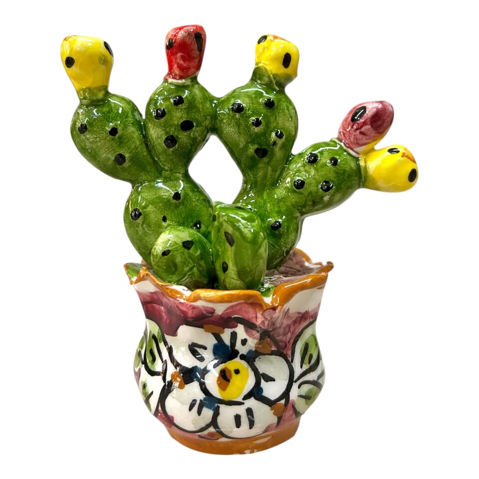 Piantina fico d’india in ceramica siciliana con vasetto decoro margherita fondo bordeaux Produzione artigianale di Caltagirone h.10cm