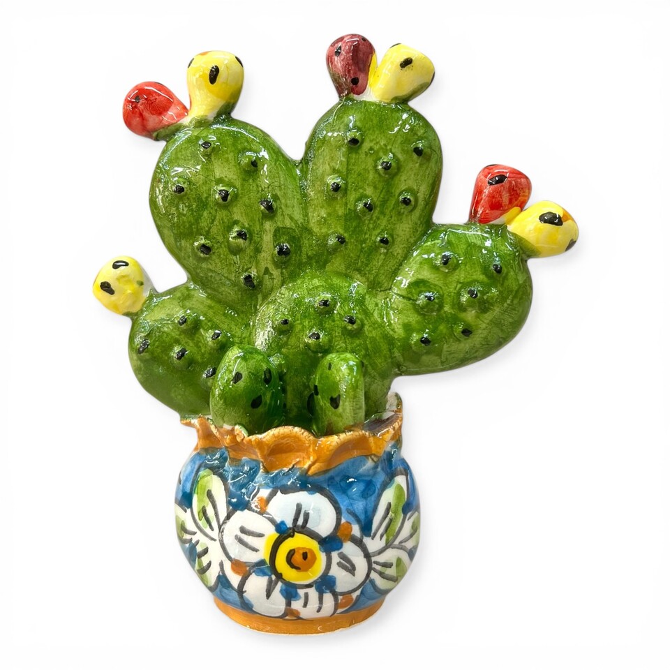 Piantina fico d’india in ceramica siciliana con vaso decorato margherita fondo blu Produzione artigianale di Caltagirone h.15cm