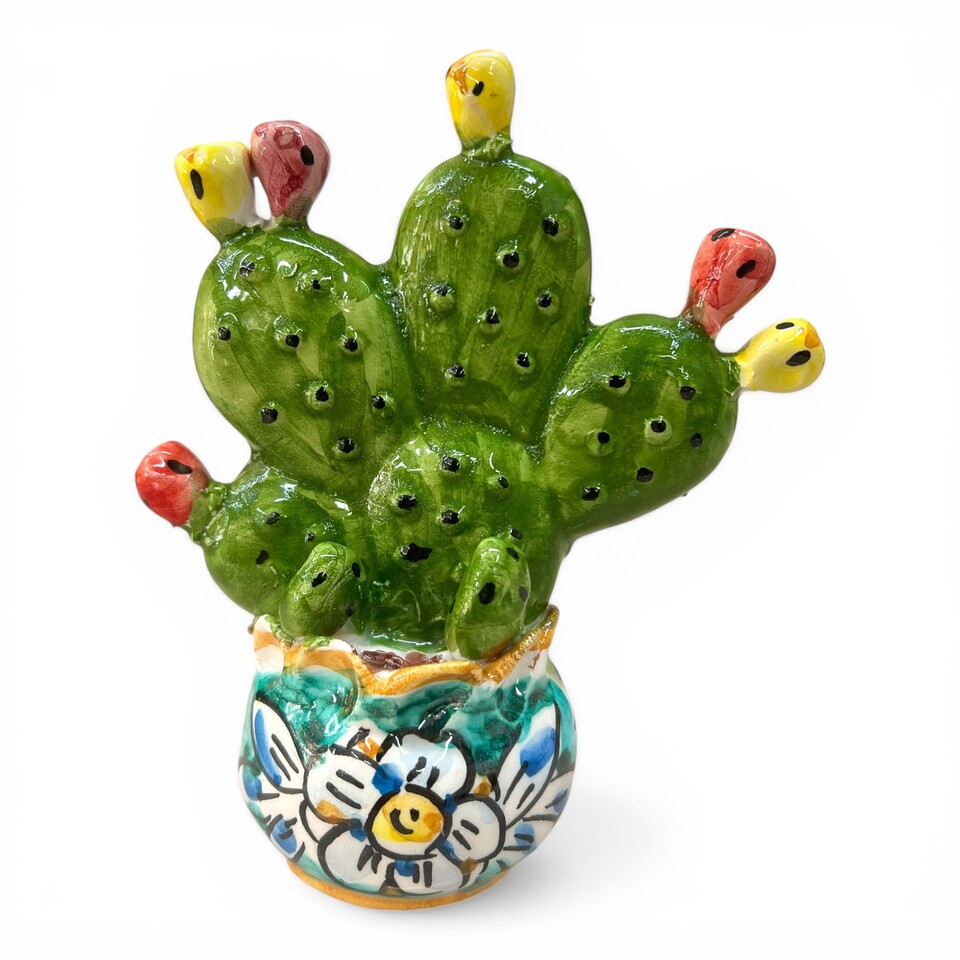 Piantina fico d’india in ceramica siciliana con vaso decorato margherita fondo verde Produzione artigianale di Caltagirone h.15cm
