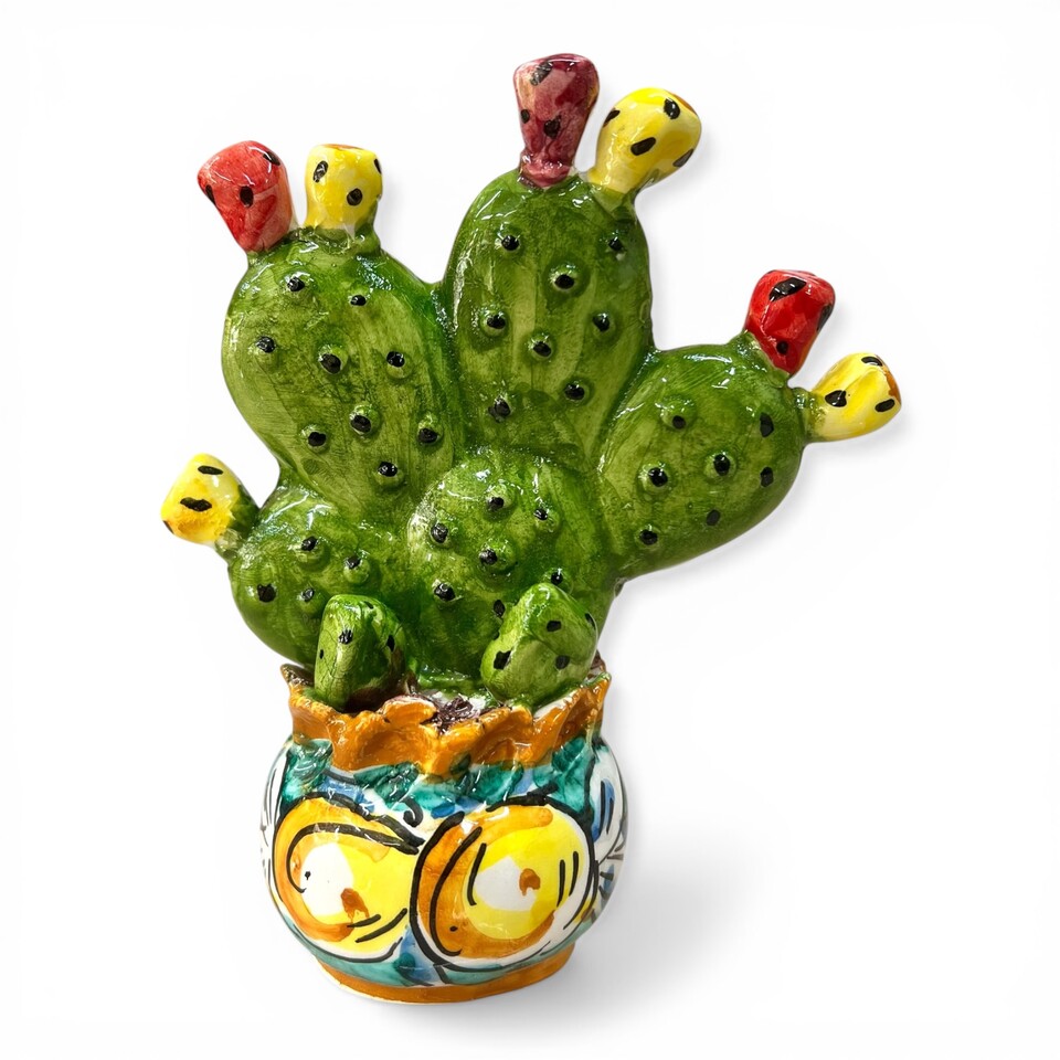 Piantina fico d’india in ceramica siciliana con vaso decorato limoni fondo verde Produzione artigianale di Caltagirone h.15cm