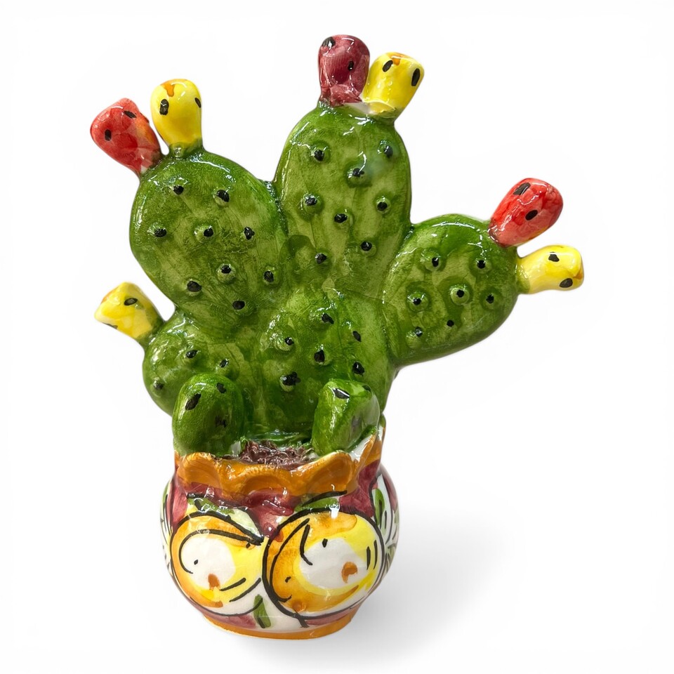 Piantina fico d’india in ceramica siciliana con vaso decorato limoni fondo bordeaux Produzione artigianale di Caltagirone h.15cm