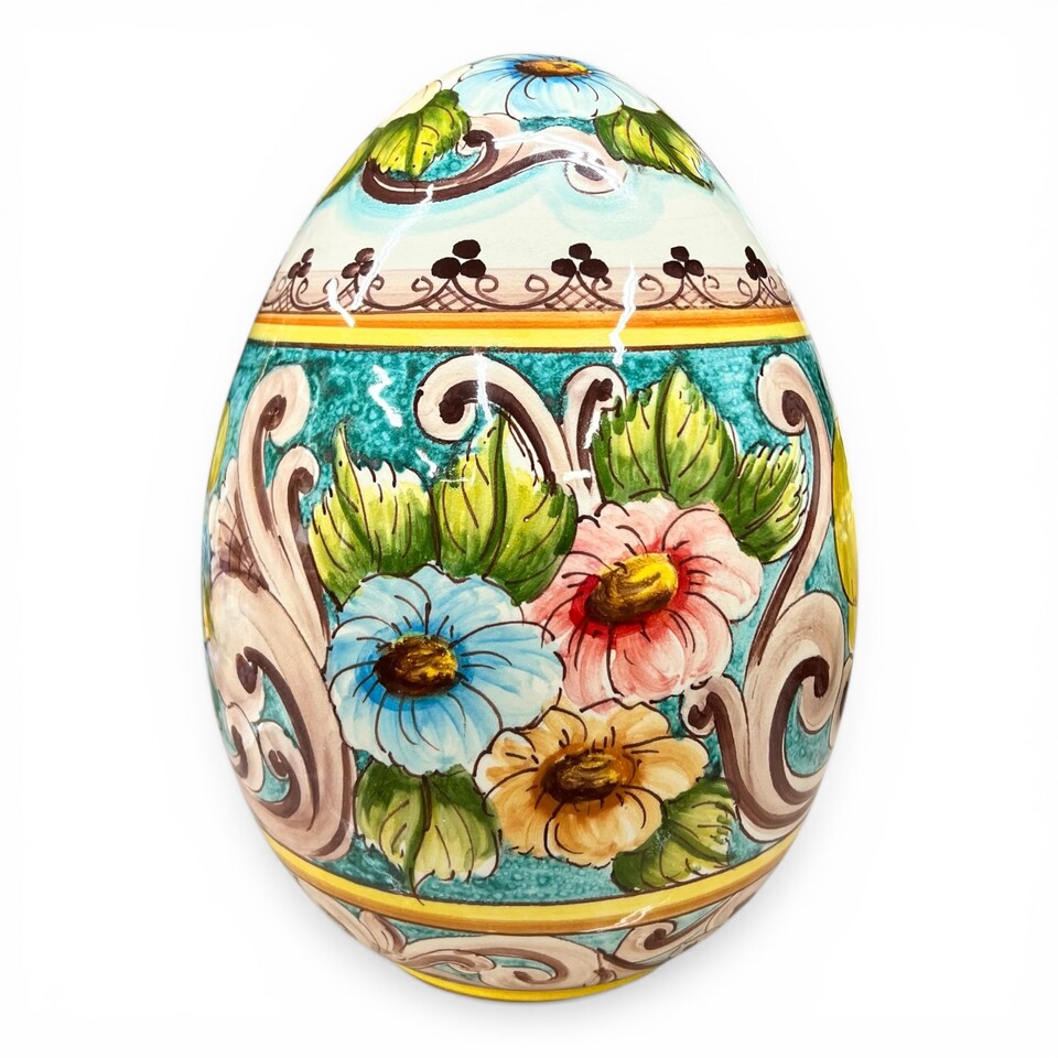 Uovo di Pasqua ornamentale in ceramica siciliana decoro floreale con limoni Produzione artigianale di Santo Stefano di Camastra h.30cm