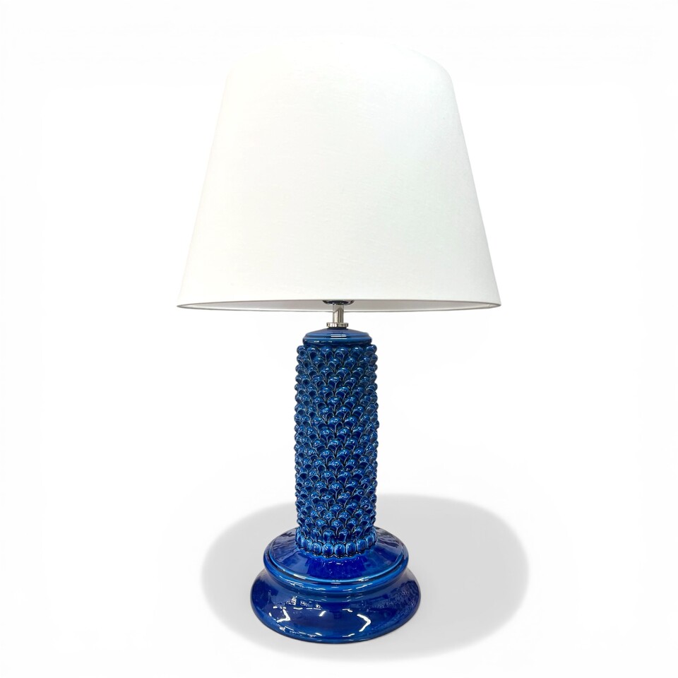 Lume pigna cilindro in ceramica siciliana colore blu antico monocolore Produzione artigianale di Caltagirone h.60cm