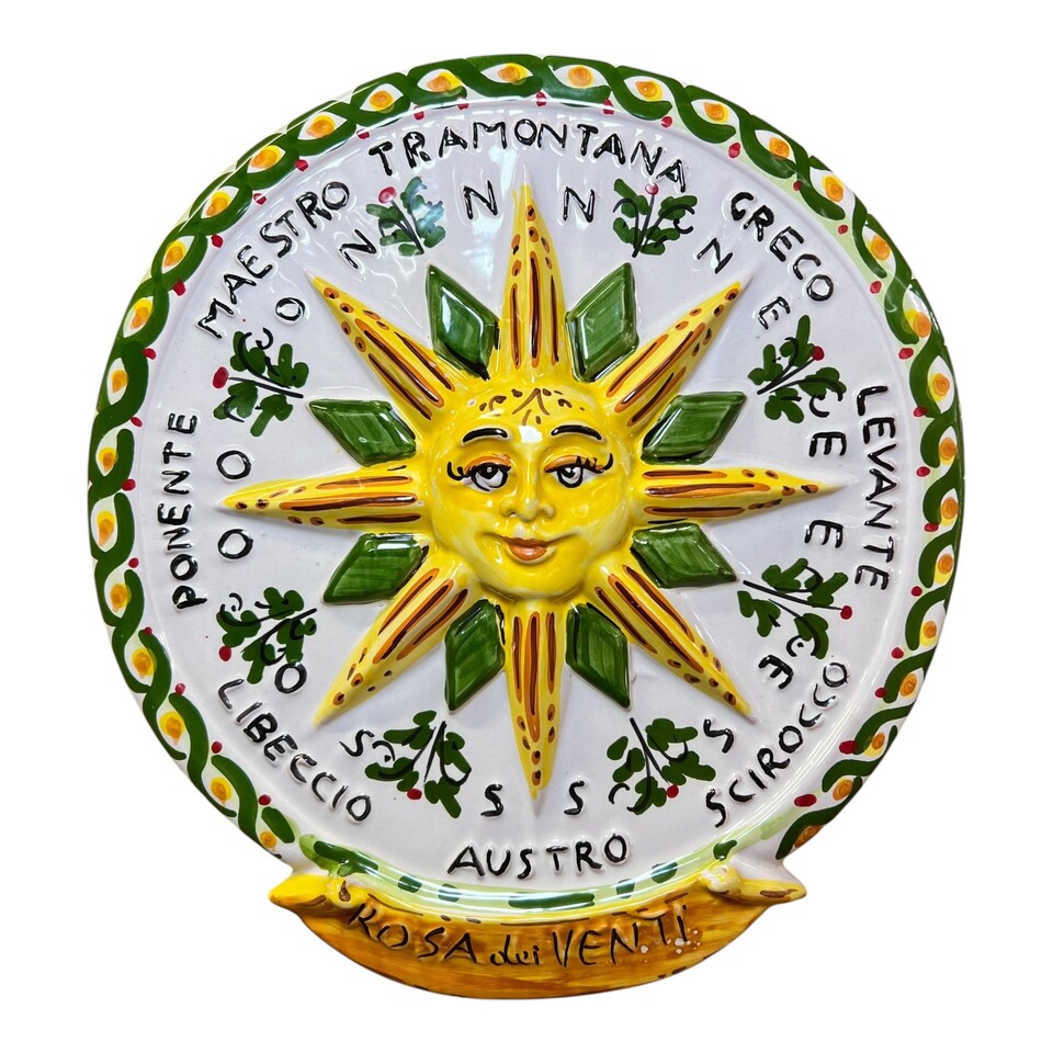 Sole Rosa dei venti da parete in ceramica siciliana decoro verde e giallo Produzione artigianale di Caltagirone Diametro 30cm