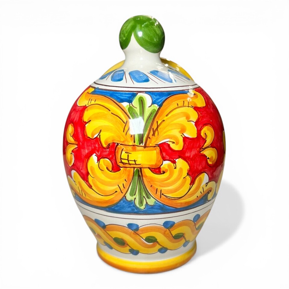 Saliera a salvadanaio in ceramica siciliana decoro barocco giallo fondo rosso e blu Produzione artigianale di Santo Stefano di Camastra h.20 cm