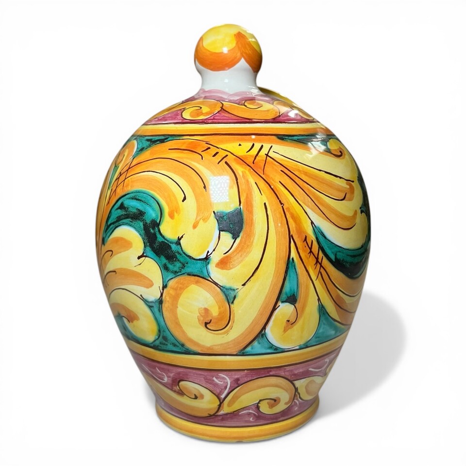 Saliera a salvadanaio in ceramica siciliana decoro barocco giallo fondo verde e bordeaux Produzione artigianale di Santo Stefano di Camastra h.20cm